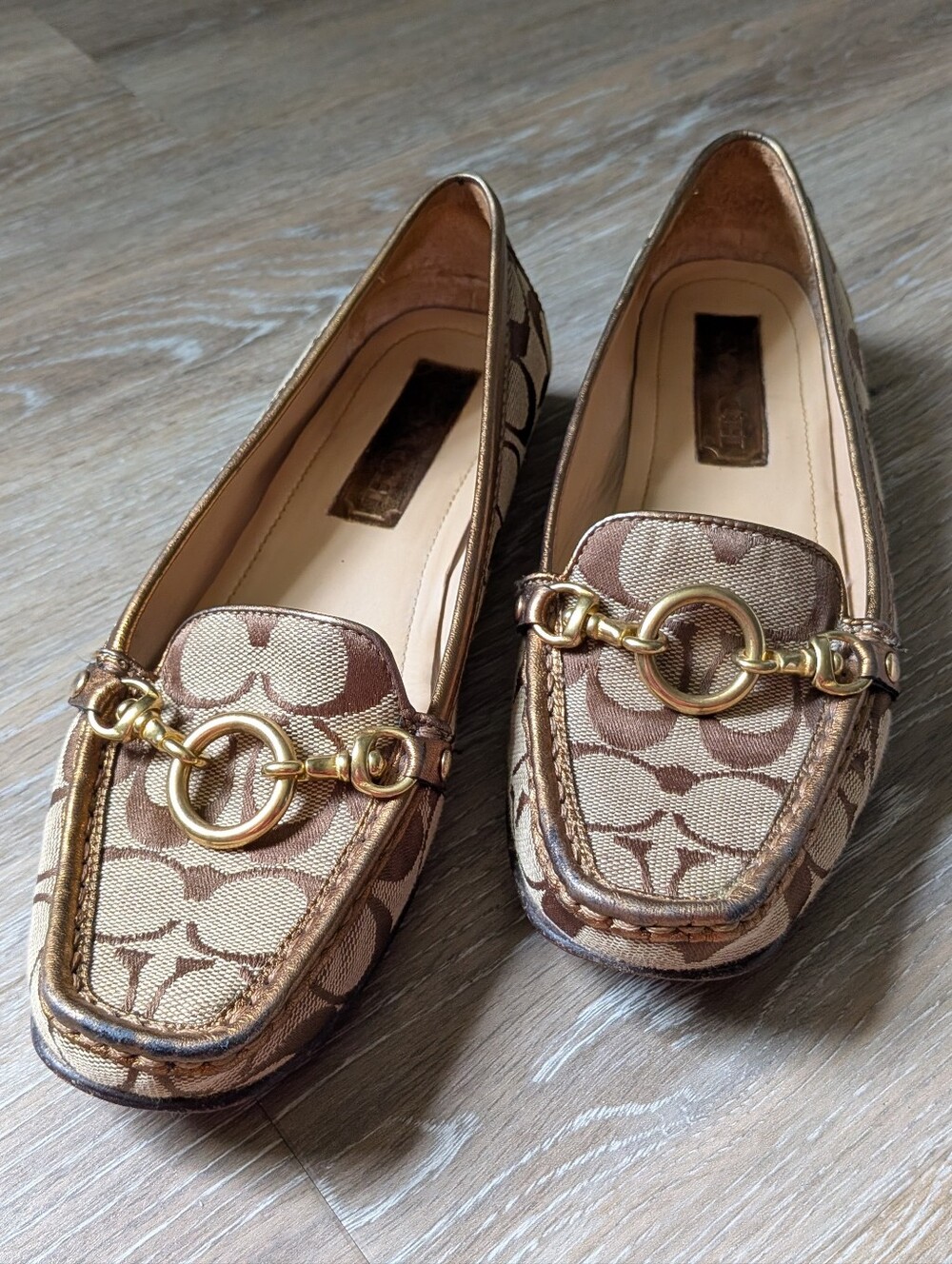 COACH Edy Size 7 Brown Jacquard Signature Canvas Loafers Horse Bit Gold Hardware